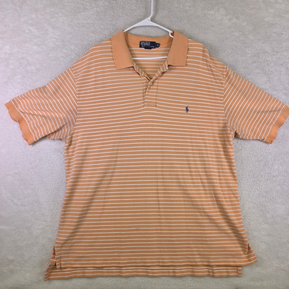 Polo Ralph Lauren Mens 2XL Big Orange White Striped Pique Short Sleeve Polo